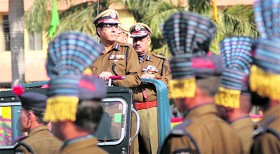 DGP Kuldeep Khoda inspects the guard of honour during the Civil Defence Raising Day celebrations at the 2nd Auxiliary Headquarters in Jammu on Tuesday.