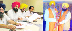 SAD councillor Jagbir Sigh Sokhi (in red turban) along with other Akali councillors of the Bains group addresses mediapersons levelling charges against Cabinet minister Hira Singh Gabria in Ludhiana on July 16; and (right) Sokhi honours Gabria after joining hands with him on December 4