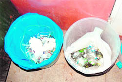 Packets of various colours meant for bio-medical waste to be segregated at the GND hospital in Amritsar.