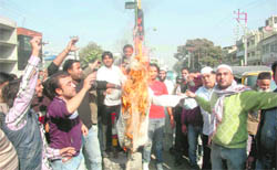 Workers of the Congress minority cell burn an effigy of the state government in Dehradun