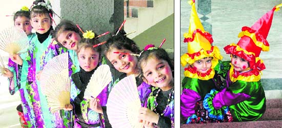 Students wait for their turn; and (right) tiny tots adore each other as they ready for a dance competition at Green Land Convent School in Ludhiana on Wednesday