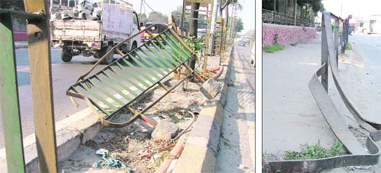 A damaged grill on a divider near Sabzi Mandi on the old GT Road; and (right) a tangled portion of a grill along the old GT Road, near the Jalandhar bypass