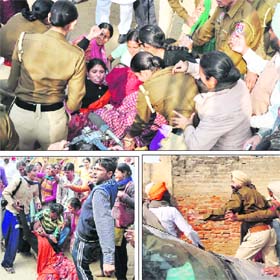 (Clockwise) Police personnel try to overpower teachers at Sukhna Ablu village; policemen chase away a protester and a teacher faints