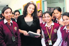 Sonia Ahmed Khan, founder, Miss Pakistan pageant, with students of KBDAV Senior Secondary School at Sector 7 in Chandigarh on Thursday