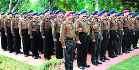 JCOs and other ranks of the Army Service Corps observe silence as they pay tributes to martyrs on their Corps Day at Chandimandir on Thursday