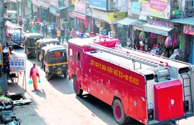 A fire brigade engine stuck in a traffic jam in Kalka on the National Highway Number 22 on Thursday