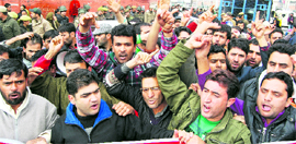A protest against the new recruitment policy of the state government in Srinagar.