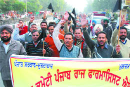 Members of the district unit of the Sangharsh Committee Punjab State Pharmacists Association take out a protest march near the Mini-secretariat in Bathinda on Friday