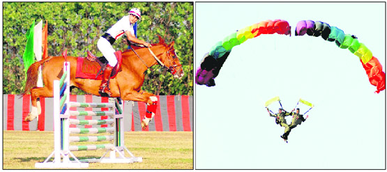 A Gentleman Cadet shows his equestrian skills; and (right) two para troopers landing at the Indian Military Academy in Dehradun on Friday. 