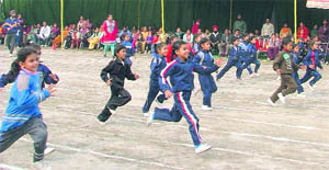 Students take part in a race during a junior athletics meet organised at GMT Public School, Ludhiana.