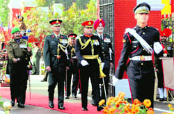 Lt Gen Jagath Jayasuriya, Chief of the Sri Lankan army, being escorted for the passing out parade of the Indian Military Academy in Dehradun on Saturday