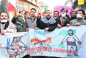 Activists of the Jammu and Kashmir Liberaion Front hold a protest in Srinagar on Saturday.