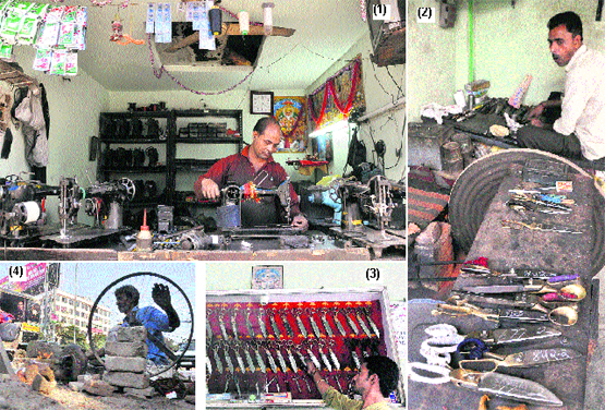 (1) A worker repairs a sewing machine in the old city. (2) A worker sharpens a pair of scissors in the old city of Ludhiana. Tribune photos: Himanshu Mahajan (3) A worker arranges pairs of scissors after sharpening them in the old city. (4) A blacksmith moulds an iron piece near Ramgarhia Girls College.