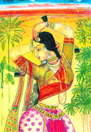 In Rajasthani miniature paintings, the costume and attire of the heroine is always given an added flourish. The wearing of the sindoor is expressed in all its sensuality