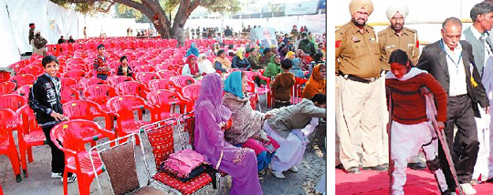 A view of the empty chairs during a function organised for the Chief Minister Parkash Singh Badal by the Dhanak Samaj at the Amrik Singh road in Bathinda on Sunday; A physically disabled girl visits the venue of the function to present her case before the CM. 