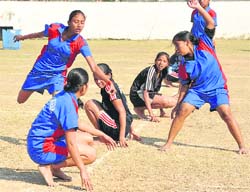 Students in action during the Challenger Kho-Kho Championship at Shivalik Public School in Sector 41, Chandigarh, on Sunday