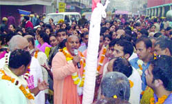 Devotees of the New Delhi chapter of Sree Chaitanya Gaudiya Math take out a nagar sankirtan at Paharganj 