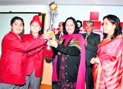 Students of St Josephs School (senior section), Ambala, with the Inter-state Constructive General Knowledge Quiz Trophy in Haridwar on Sunday