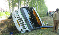 The bus, which met with an accident, at Naushera Majha Singh. 