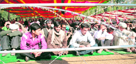 A view of a public rally being held behind barbed wires in Jammu.