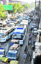 Vehicles stranded in a massive traffic jam following a protest by SSA and RMSA teachers on a road leading to the Bharat Nagar Chowk in Ludhiana on Sunday.