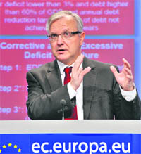 EU economic affairs commissioner Olli Rehn gestures during a press conference on the entry into force of the Six-Pack at the European headquarters in Brussels on Monday. Five states that risk fines under new EU laws must wait until January to see if promised 2012 budget cuts are sufficient to avoid sanctions, Rehn said.