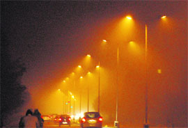 Fog engulfs Chandigarh roads on Monday night. Tribune photo: Manoj Mahajan