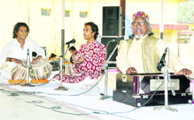 Swami GCD Bharti, renowned Kabirvani singer, performs at Kendriya Vidayalaya, Upper Camp, in Dehradun on Monday. 