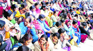 Primary education teachers stage a dharna at the Vikas Bhawan in Haridwar on Monday