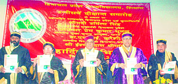 Governor Urmila Singh, CM PK Dhumal and CEC Dr SY Quraishi release Swaran Drishti-2020 at the HPU convocation in Shimla on Monday.