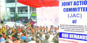Members of the Joint Action Committee of college managements, principals and teachers sit on a chain hunger strike in Jalandhar on Monday.