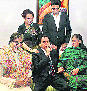 Actor Dilip Kumar with his wife Saira, Amitabh Bachchan, Jaya Bachchan and Abhishek Bachchan at a photo session during his 89th birthday celebrations in Mumbai on Sunday evening