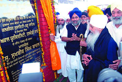 Deputy Chief Minister Sukhbir Badal along with renowned educationist Dr Khem Singh at the foundation stone laying ceremony of the Akal University at Talwandi Sabo on Wednesday