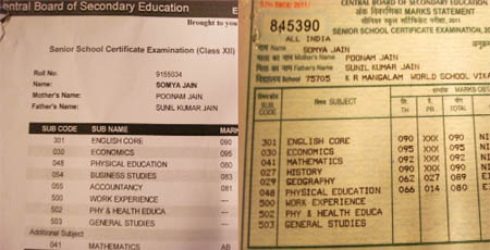Copies of an original and a fake mark-sheet