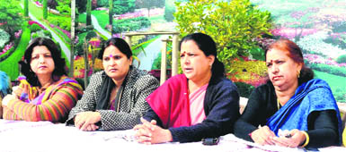 National executive member of the BJP womens cell Kusum Kandwal and secretary of the state unit Poonam Jha at a convention in Haridwar on Wednesday. 