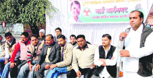 Youth Congress city chief Ravish Bhatija addresses a gathering in Haridwar on Wednesday.