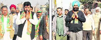 Subhash Chawla, Congress candidate from ward No. 5, campaigns with his supporters at Kumhar Colony in Chandigarh on Thursday; and (right) Jagjit Singh Kang, SAD-BJP candidate from ward No. 5, canvasses at Dhanas village in Chandigarh on Thursday