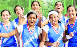 Players of St Annes School rejoice after winning the final of the St Kabir Basketball Tournament in Chandigarh on Thursday