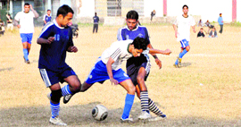 A match in the Abhishek Dabral Memorial Football Tournament being played at Survey Stadium in Dehradun on Thursday.