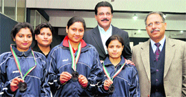 Table tennis players being felicitated at a function in Dehradun on Thursday.