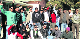Residents of Dharchula hold an agitation in Pithoragarh on Thursday.