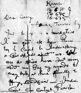 A postcard purportedly written in 1975 by Maj Alok Suri, listed among the 54 missing defence personnel, from Karachi