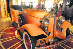 A 1931 model Chryster CM6, originally owned by the Maharaja of Bhuj and one of the six of its kind in the world, on display on the third floor of 21 Gun Salute Royal Restaurant in Gurgaon
