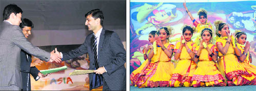 Harish Sachdeva, chairman, Wisdom Social Welfare Trust (right), and Takada Yoshikazu and Balaji Panchapakesan, both founders of Tathva International School, exchange the MoU; and (R) Students present a cultural event at Wisdom World School in Kurukshetra