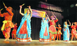 Students perform dandia at a cultural function organised by the Student Welfare Association at Gaiety Theatre in Shimla on Thursday