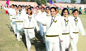 Students take part in the opening ceremony of the 57th national school games at MA stadium in Jammu on Thursday. 