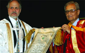 The VC of Jamila Millia Islamia, Najeeb Jung, felicitates Nobel Prize winner Amartya Sen in New Delhi on Friday. 