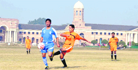 Meghalaya (blue) clash with Uttarakhand (orange) in a match at the All-India Forest Sports Meet in Dehradun on Friday.