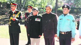 Lt-Gen AK Chaudhary and other dignitaries pay tributes to the martyrs of the 1971 war at Shaheed Smarak in Dharamsala on Friday.