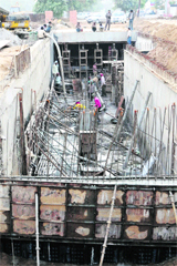 Construction work going on in full swing at pedestrian under-pass opposite theMini Secretariat in Ludhiana.